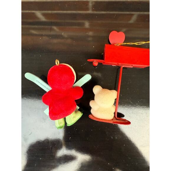 Vintage Flocked Christmas Tree Ornaments Bear at Mailbox and Girl Skiing 1970s - Picture 2 of 2